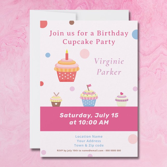 Invitación de cumpleaños rosado Fiesta de tarta (Cupcake Party Pink Birthday Invitation - Back)