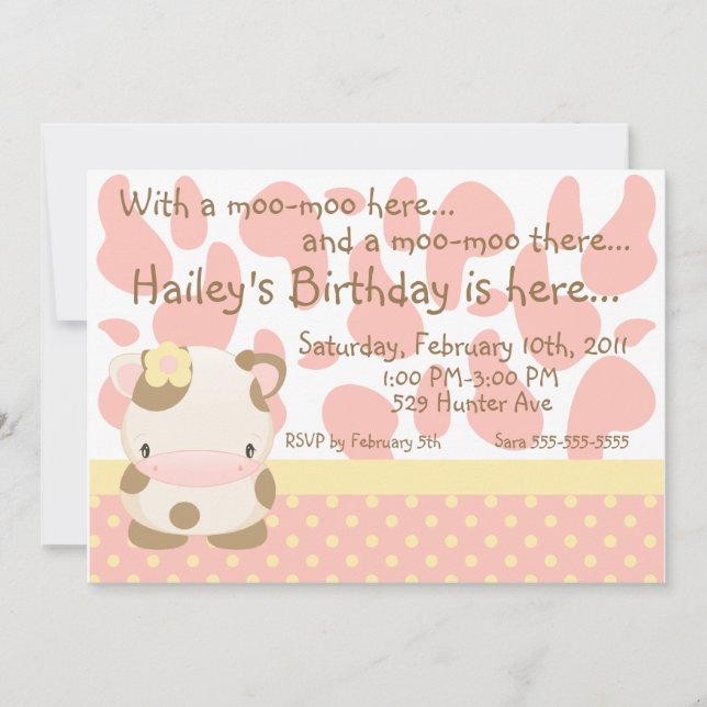 Invitación de cumpleaños rosado Moo-Cow Farm (Anverso)