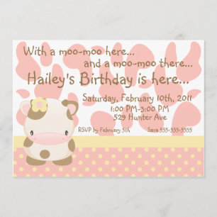 Invitación de cumpleaños rosado Moo-Cow Farm