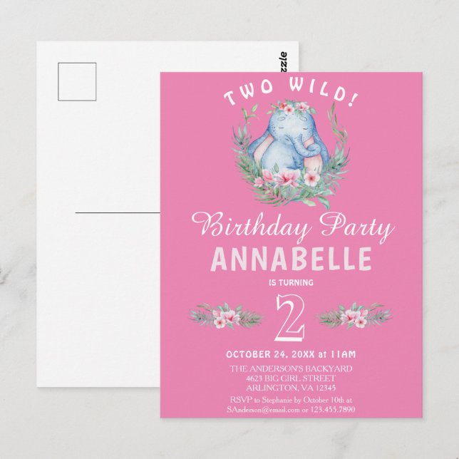 Invitación de cumpleaños rosado para dos elefantes (Anverso / Reverso)