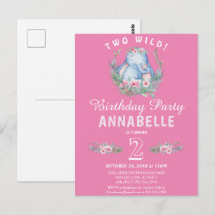 Invitación de cumpleaños rosado para dos elefantes
