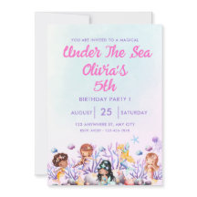 Invitación de cumpleaños rosado y azul bajo el mar