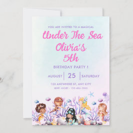 Invitación de cumpleaños rosado y azul bajo el mar