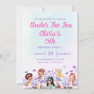 Invitación de cumpleaños rosado y azul bajo el mar