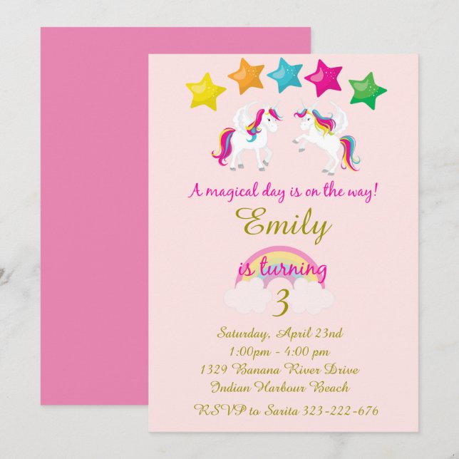 Invitación de cumpleaños, rosado y oro de Unicorni (Anverso / Reverso)