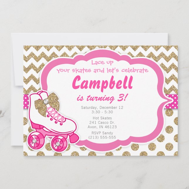 Invitación de cumpleaños rosado y oro para Purpuri (Anverso)