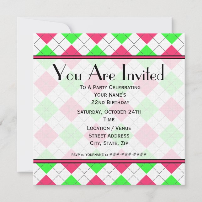 Invitación de cumpleaños rosado y verde argla (Anverso)