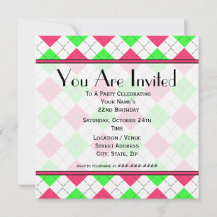Invitación de cumpleaños rosado y verde argla