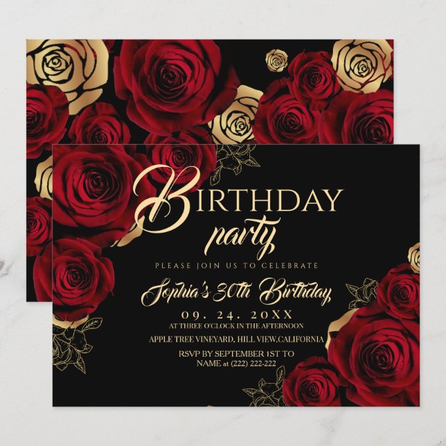 Invitación de cumpleaños Rosas Negras Rojas (Anverso / Reverso)