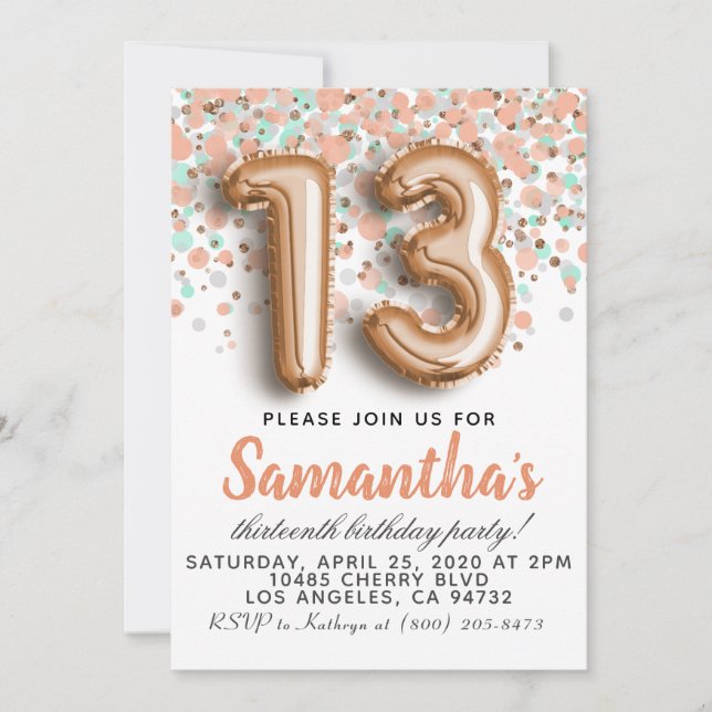 Invitación de cumpleaños Rose Gold 13 (Anverso)