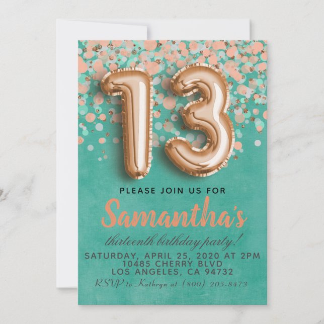 Invitación de cumpleaños Rose Gold 13 (Anverso)