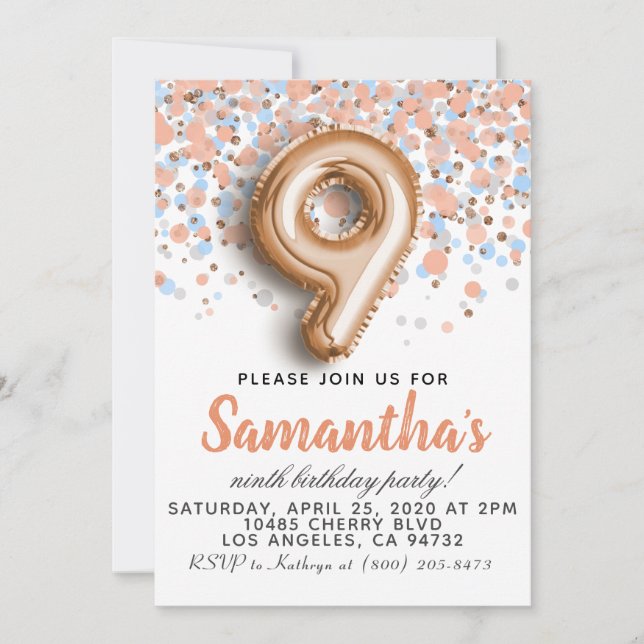 Invitación de cumpleaños Rose Gold 9º (Anverso)