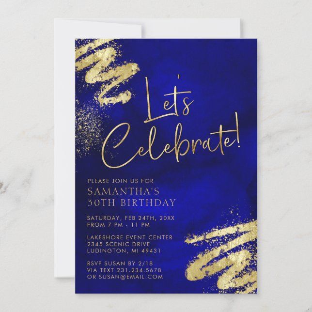 Invitación de cumpleaños Royal Blue y Gold (Anverso)