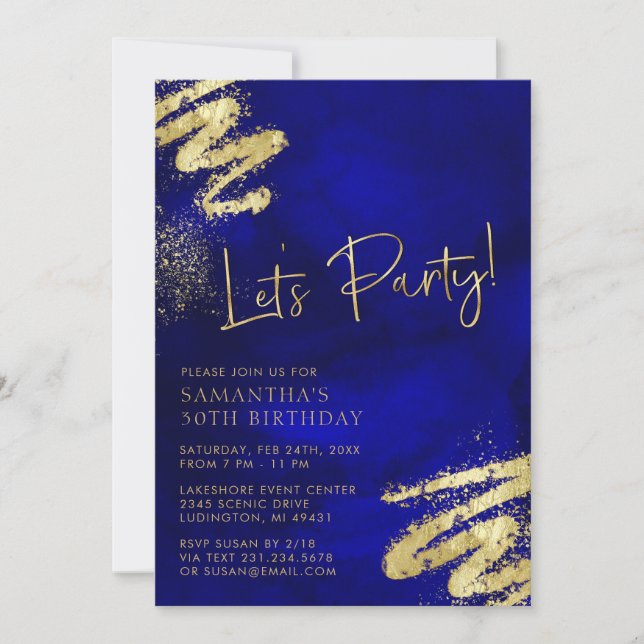 Invitación de cumpleaños Royal Blue y Gold (Anverso)