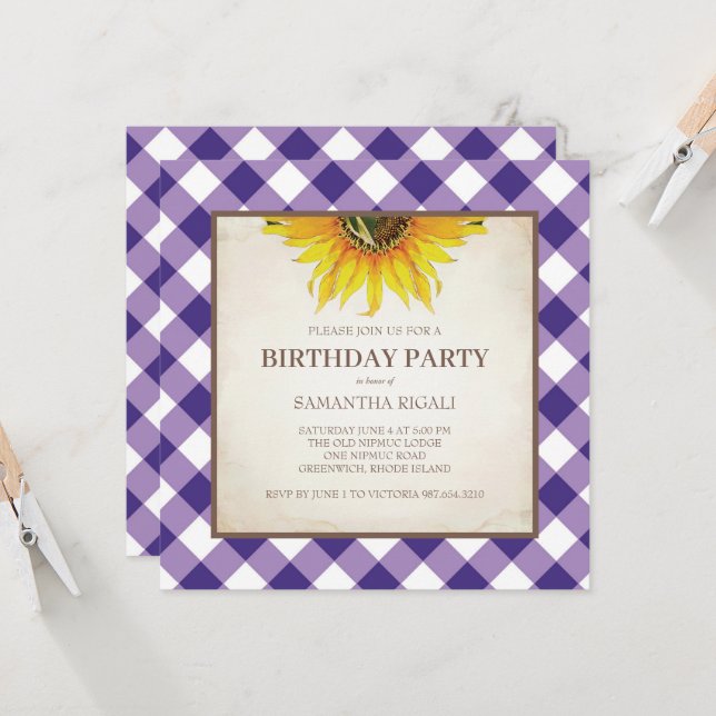 Invitación de cumpleaños Rustic Purple Gingham (Anverso/Reverso In Situ)