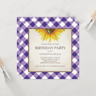 Invitación de cumpleaños Rustic Purple Gingham