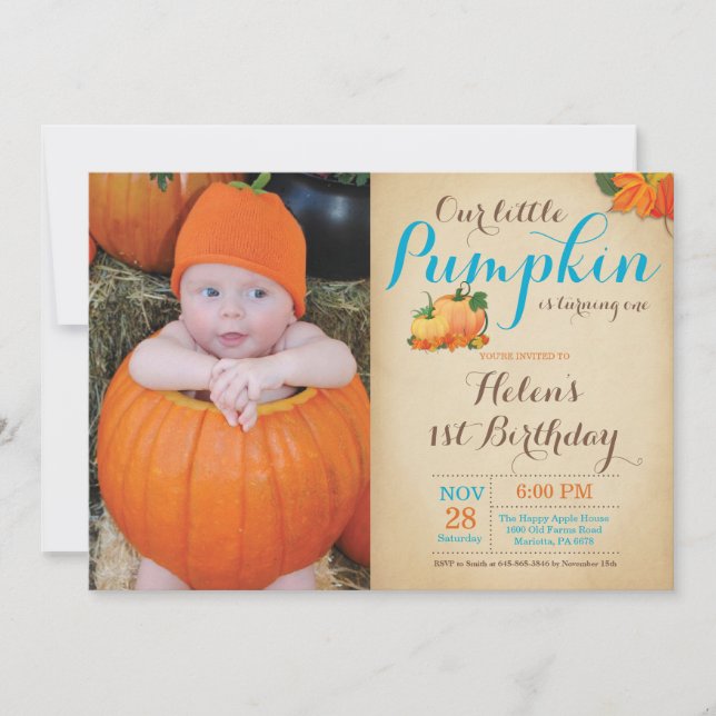 Invitación de cumpleaños rústica de calabaza para  (Anverso)