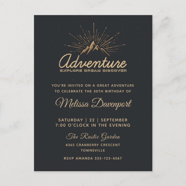 Invitación de cumpleaños rústica para aventura en  (Anverso)