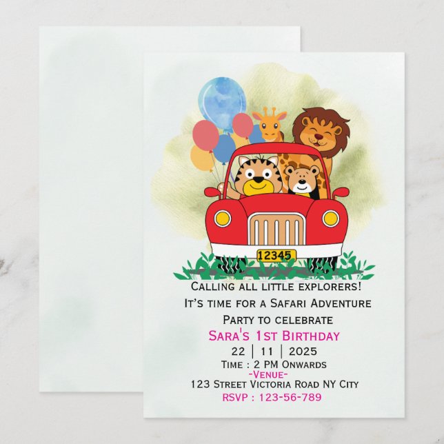 Invitación de cumpleaños Safari Animales de la Jun (Anverso / Reverso)