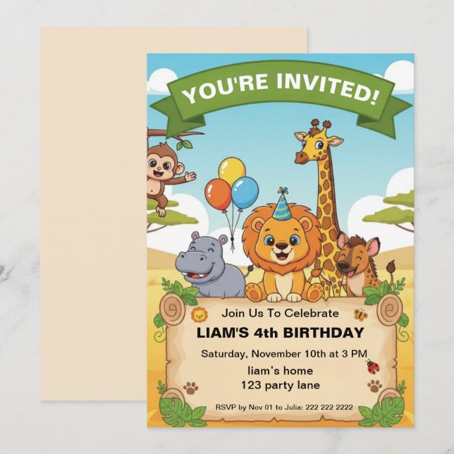 Invitación de cumpleaños Safari Jungle | cumpleaño (Anverso / Reverso)