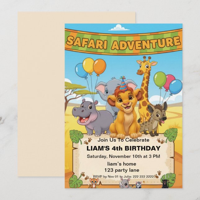 Invitación de cumpleaños Safari Jungle | cumpleaño (Anverso / Reverso)