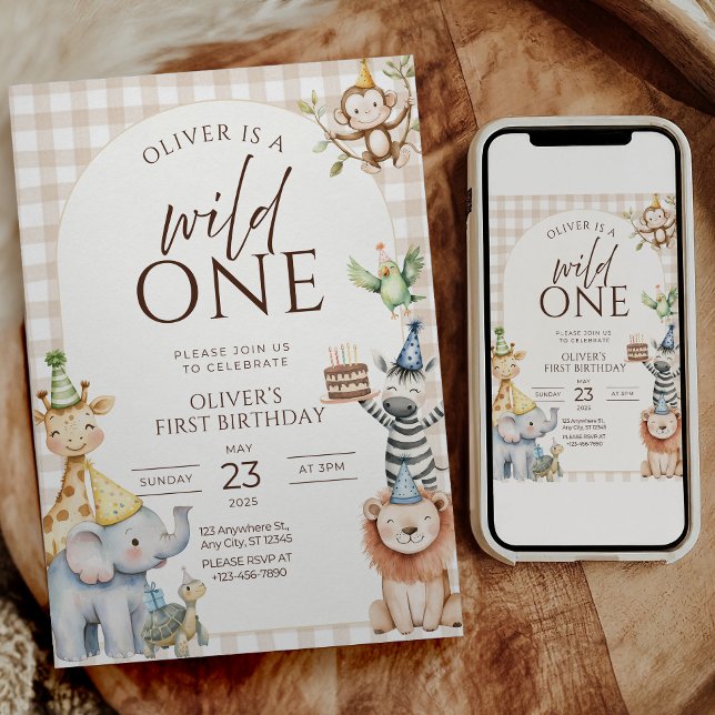 Invitación de cumpleaños Safari Wild One Animales  (Wild One first birthday parties
Safari birthday celebrations
Jungle animal themed birthdays
Baby boy)