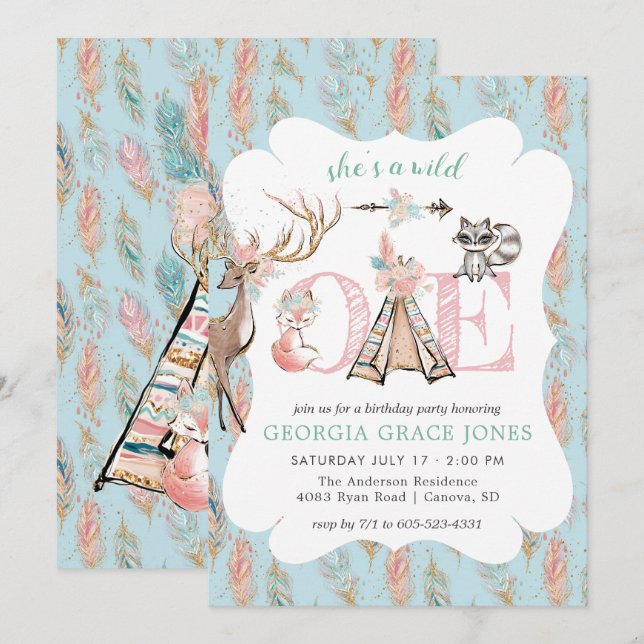 Invitación de cumpleaños salvaje boho para niñas (Anverso / Reverso)
