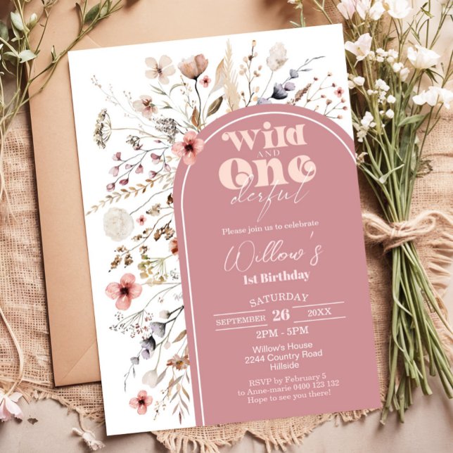 Invitación de cumpleaños salvaje y maravillosa (Wildflower Wild and Onederful 1st Birthday Invitation - Girl 1st Birthday Invite)