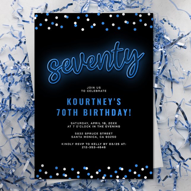 Invitación de cumpleaños setenta Blue Neon (Subido por el creador)