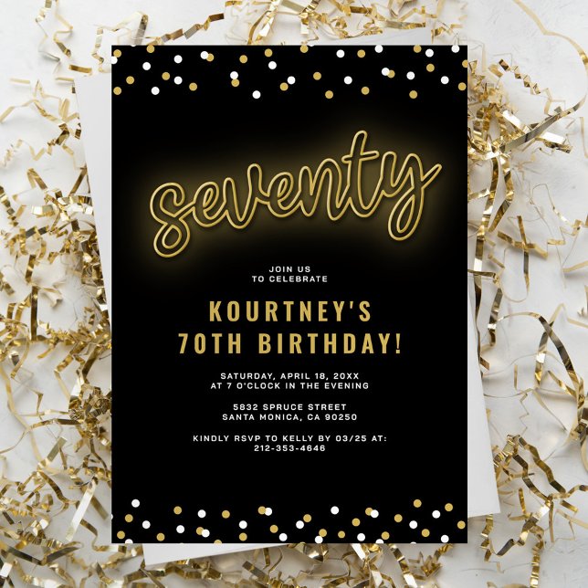 Invitación de cumpleaños setenta de neón dorado (Subido por el creador)