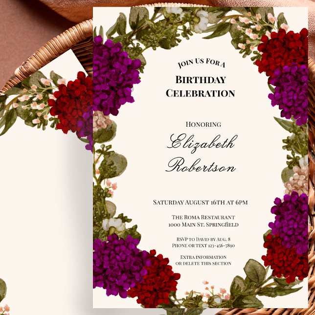Invitación de cumpleaños sin edad con borde floral (Subido por el creador)