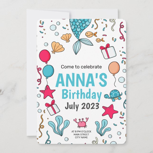 Invitación de cumpleaños sirena, cumpleaños bajo e (Anverso)