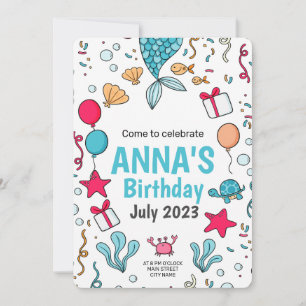 Invitación de cumpleaños sirena, cumpleaños bajo e