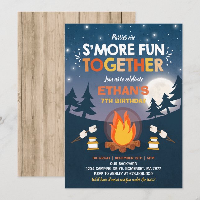 Invitación de cumpleaños S'mores Fiesta de fuego (Anverso / Reverso)
