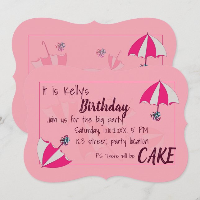 Invitación de cumpleaños sombrillas rosa (Anverso / Reverso)