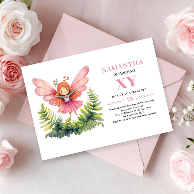 Invitación de cumpleaños sonrosada de niña hada ca (Whimsical Pink Fairy Girl Birthday Blush invitation)
