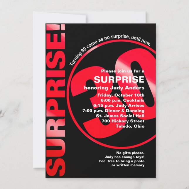 Invitación de cumpleaños sorprendente - rojo 30 (Anverso)