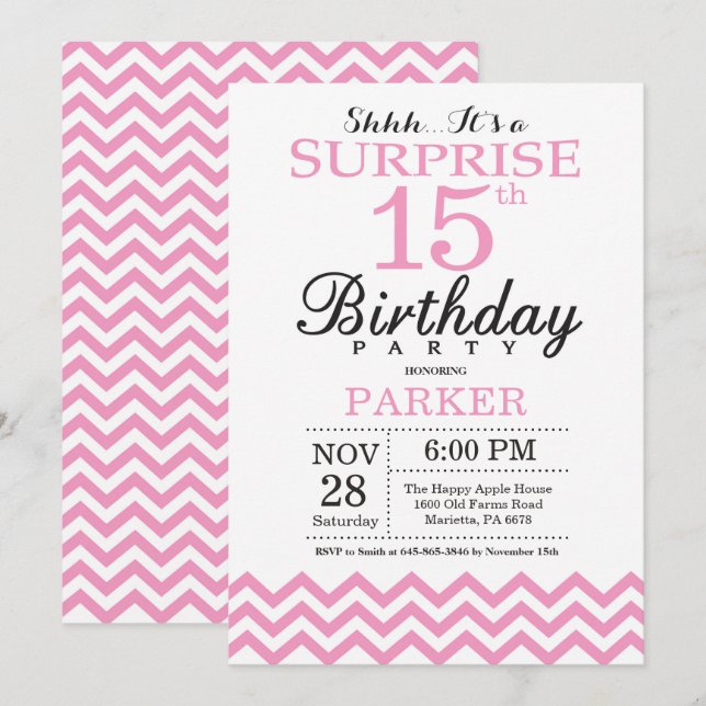 Invitación de cumpleaños sorpresa 15 con Chevron r (Anverso / Reverso)