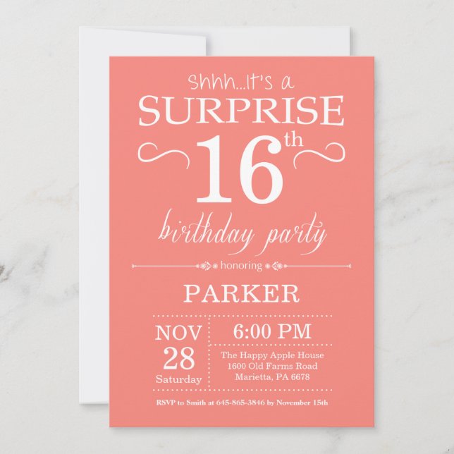 Invitación de cumpleaños sorpresa 16 coral (Anverso)