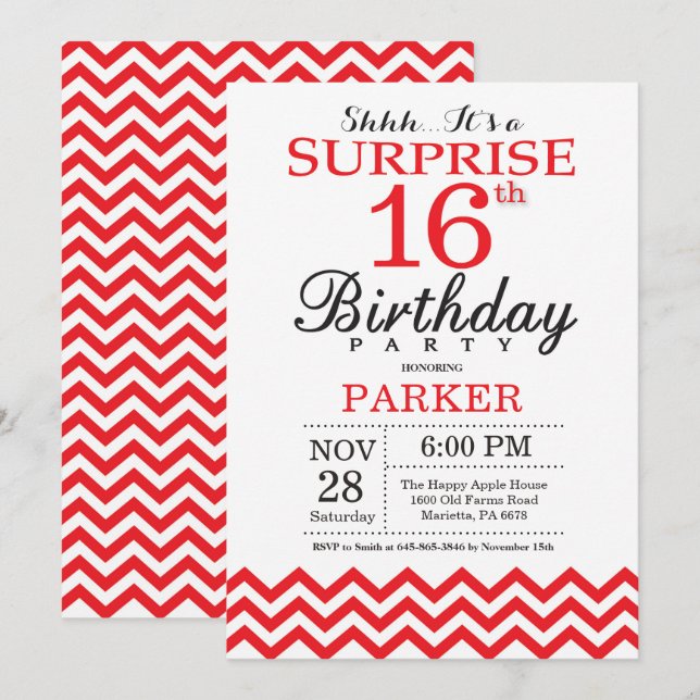 Invitación de cumpleaños sorpresa 16 rojo Chevron (Anverso / Reverso)