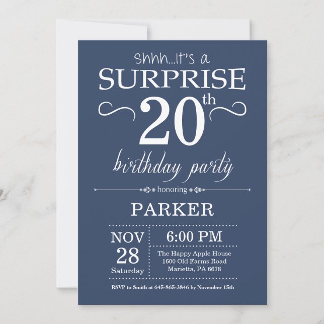 Invitación de cumpleaños sorpresa 20 azul (Anverso)