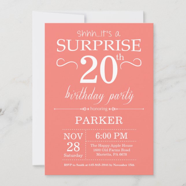 Invitación de cumpleaños sorpresa 20 coral (Anverso)