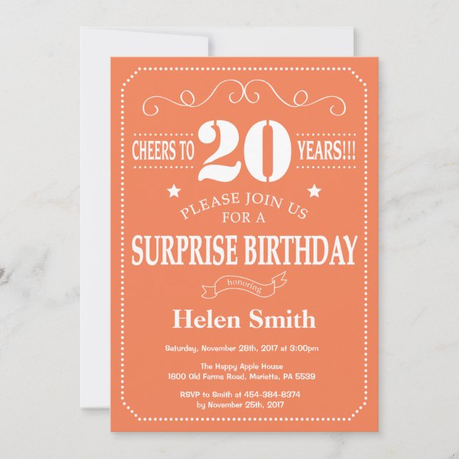 Invitación de cumpleaños sorpresa 20 coral y blanc (Anverso)