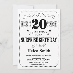 Invitación de cumpleaños sorpresa 20 negro y blanc