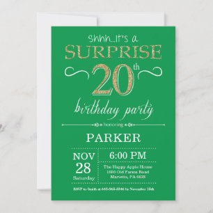 Invitación de cumpleaños sorpresa 20 verde y dorad