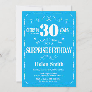 Invitación de cumpleaños sorpresa 30 azul y blanco