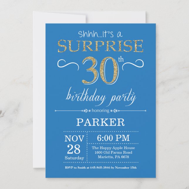 Invitación de cumpleaños sorpresa 30 azul y dorado (Anverso)