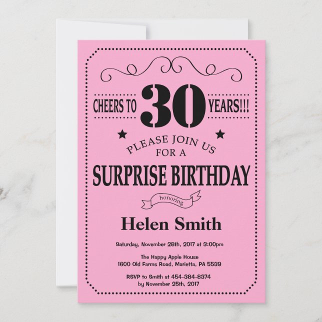 Invitación de cumpleaños sorpresa 30 negro y rosa (Anverso)