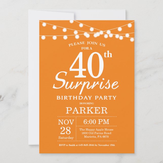 Invitación de cumpleaños sorpresa 40 naranja (Anverso)