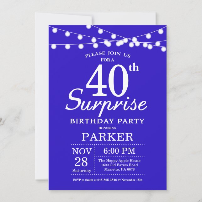 Invitación de cumpleaños sorpresa 40 Royal Blue (Anverso)